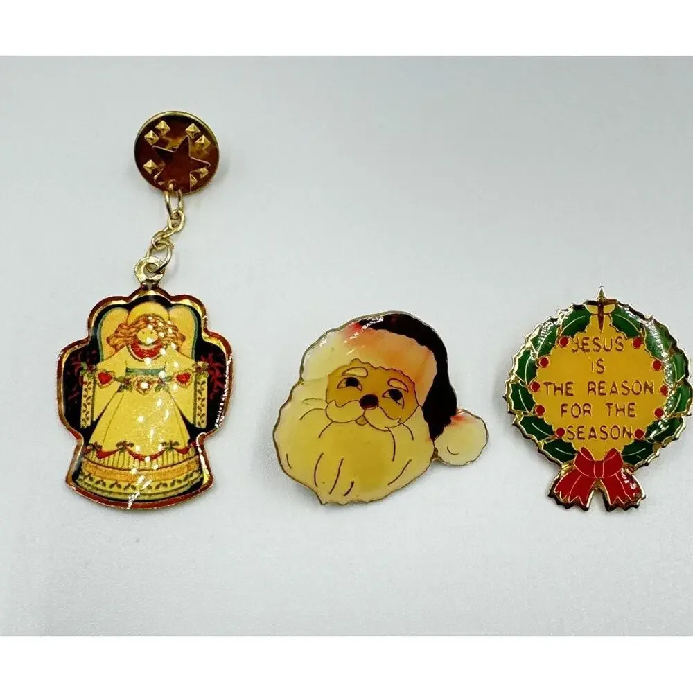 Vintage Lot of 3 Christmas Angel Wreath Santa Gold Tone Lapel Pin Tie Tack Faith